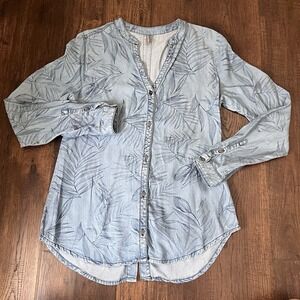 Naf Naf Paris Chambray Button Up Y2K 90s Womens Top Medium Leaves All Over Print